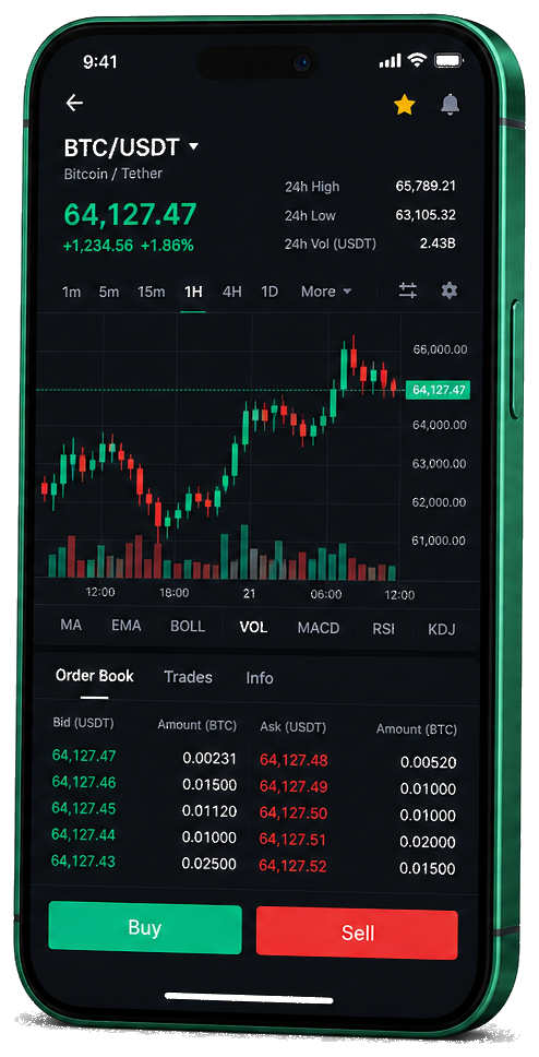 Application mobile Vralisexfin — graphique BTC/USDT en direct, carnet d’ordres et outils de trading